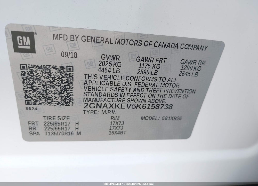 2019 CHEVROLET EQUINOX LT VIN: 2GNAXKEV5K6158738
