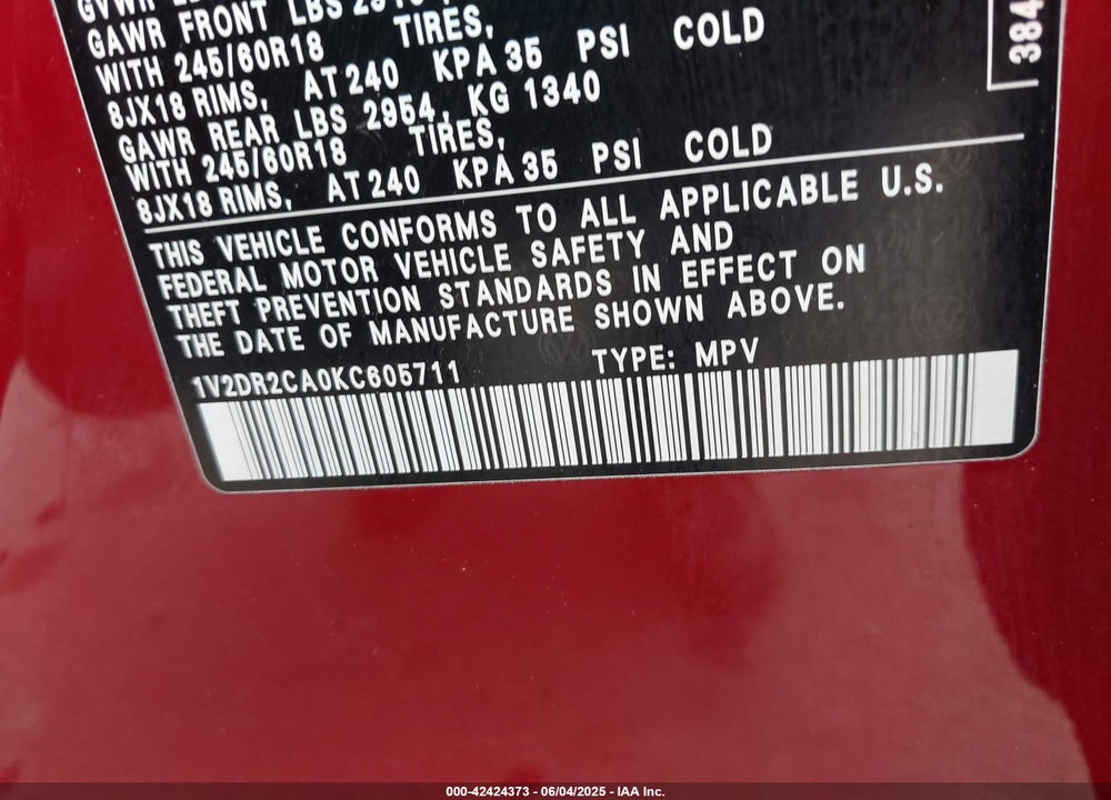 2019 VOLKSWAGEN ATLAS VIN: 1V2DR2CA0KC605711