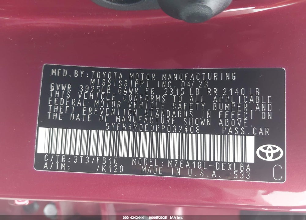 2023 TOYOTA COROLLA VIN: 5YFB4MDE0PP032408