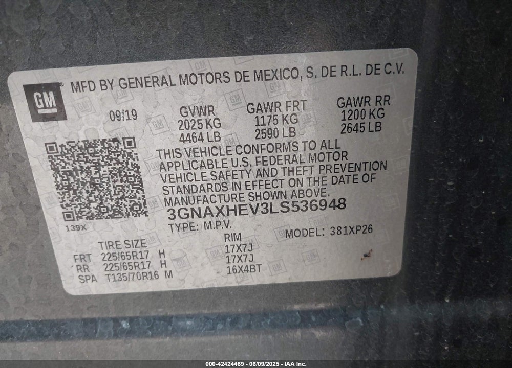 2020 CHEVROLET EQUINOX VIN: 3GNAXHEV3LS536948