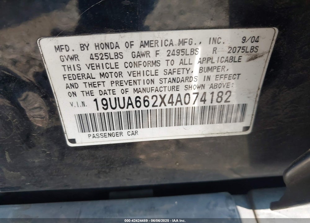2004 ACURA TL VIN: 19UUA662X4A074182