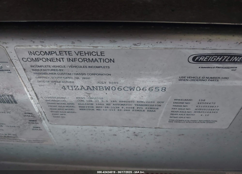 2006 FREIGHTLINER CHASSIS M LINE WALK-IN VAN VIN: 4UZAANBW06CW06658