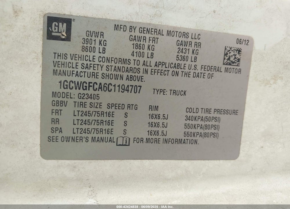 2012 CHEVROLET EXPRESS 2500 WORK VAN VIN: 1GCWGFCA6C1194707
