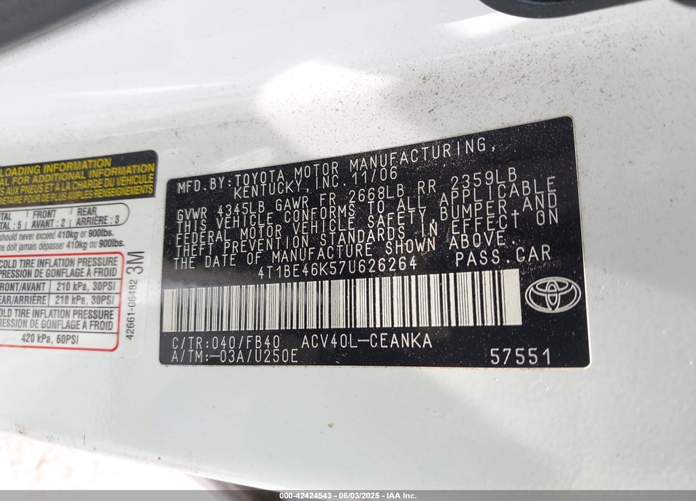 2007 TOYOTA CAMRY VIN: 4T1BE46K57U626264
