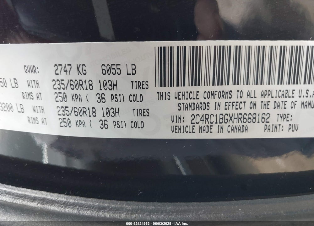 2017 CHRYSLER PACIFICA TOURING L VIN: 2C4RC1BGXHR668162