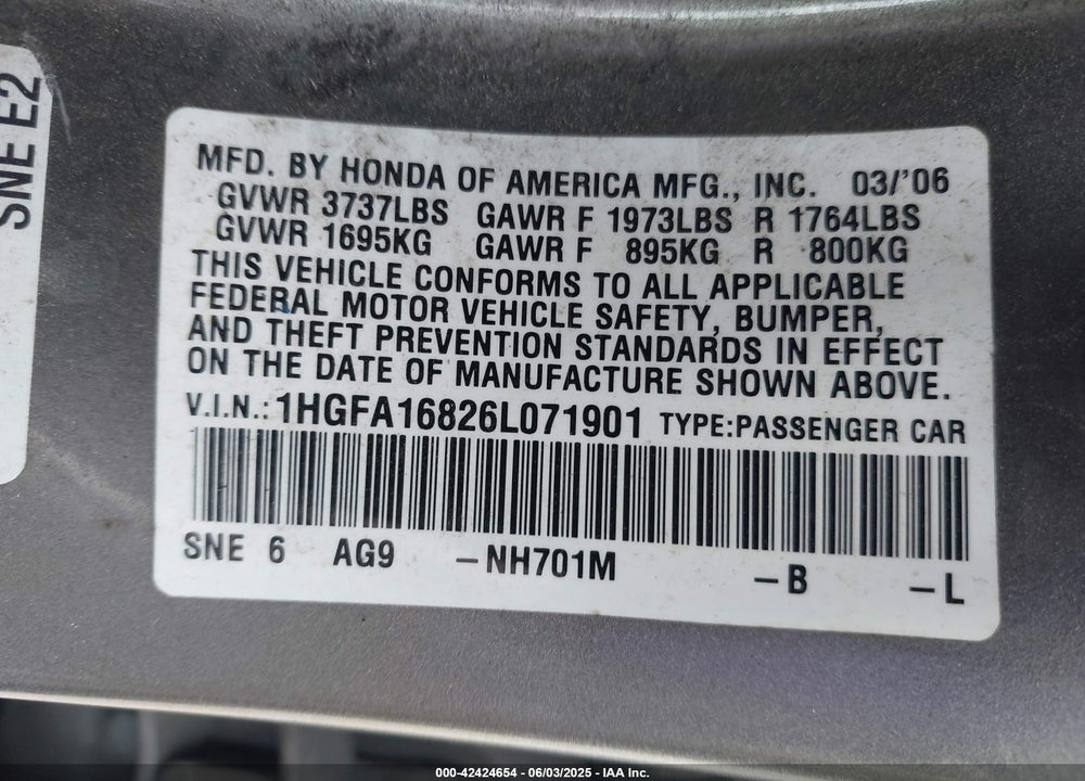2006 HONDA CIVIC VIN: 1HGFA16826L071901
