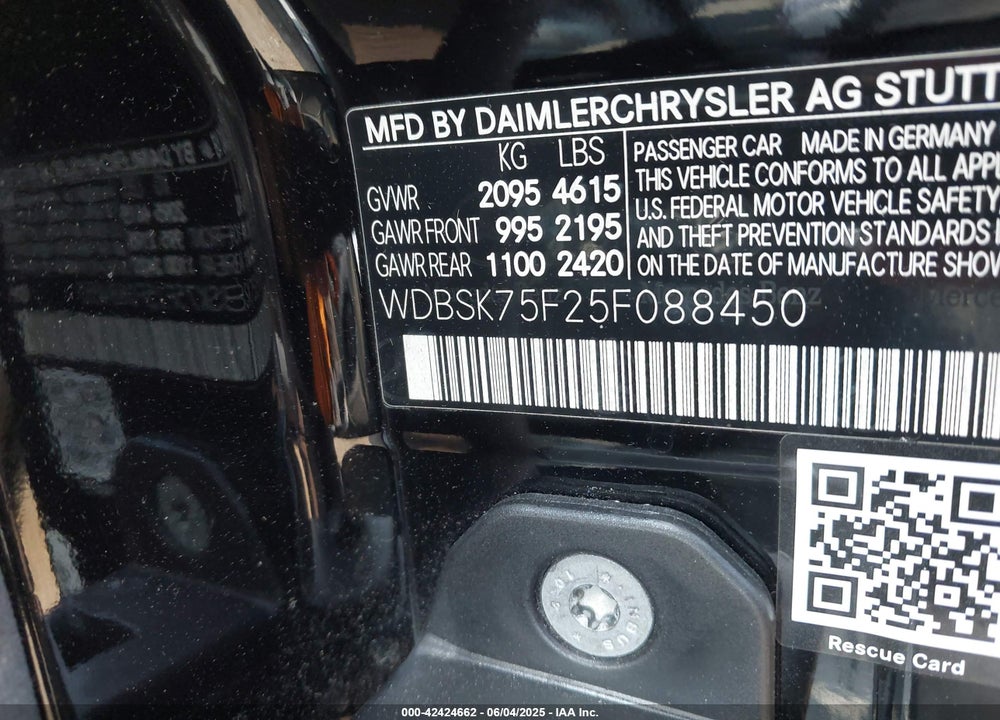 2005 MERCEDES-BENZ SL 500 VIN: WDBSK75F25F088450