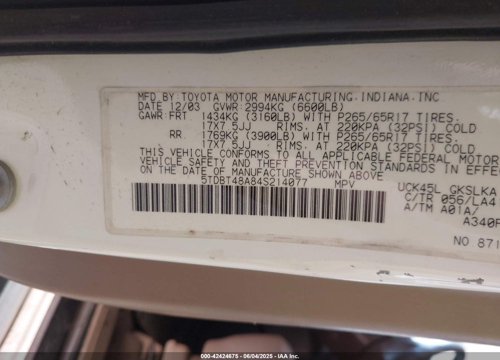 2004 TOYOTA SEQUOIA LIMITED VIN: 5TDBT48A84S214077