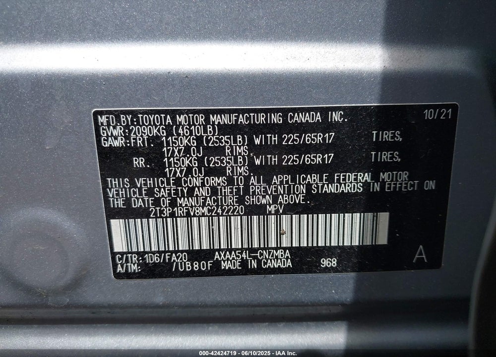 2021 TOYOTA RAV4 XLE VIN: 2T3P1RFV8MC242220