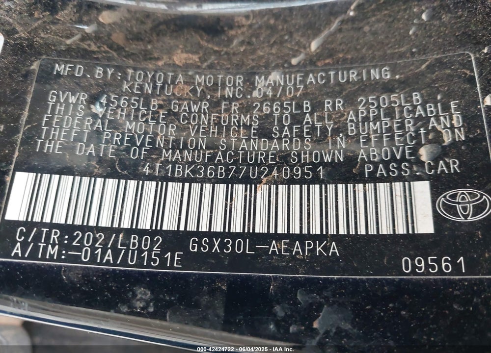 2007 TOYOTA AVALON VIN: 4T1BK36B77U240951