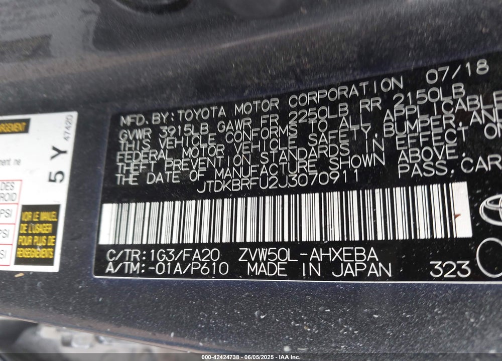 2018 TOYOTA PRIUS VIN: JTDKBRFU2J3070911