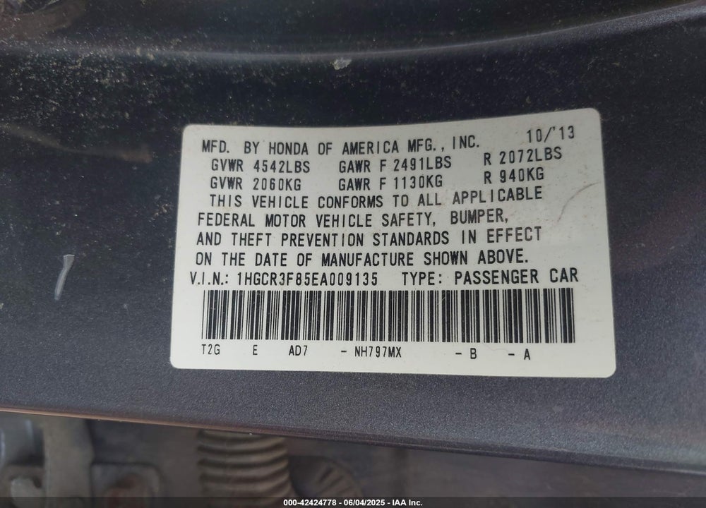 2014 HONDA ACCORD EX-L V-6 VIN: 1HGCR3F85EA009135