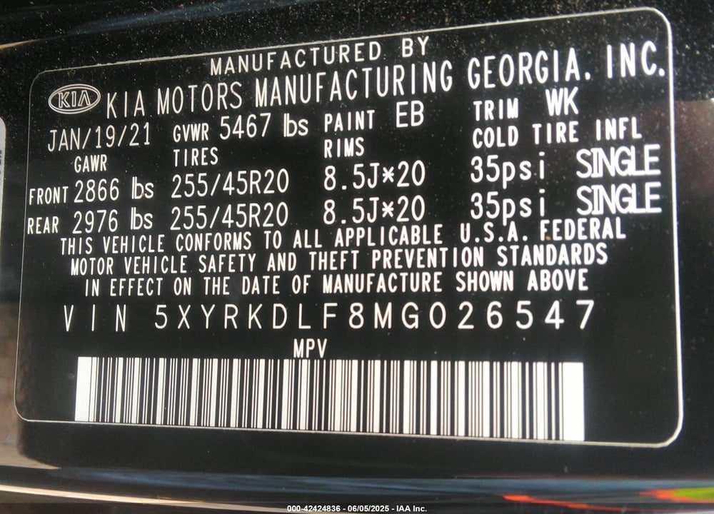 2021 KIA SORENTO VIN: 5XYRKDLF8MG026547