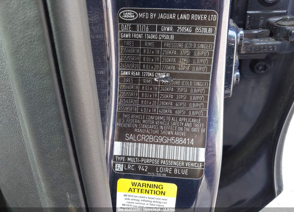 2016 LAND ROVER DISCOVERY SPORT VIN: SALCR2BG9GH588414