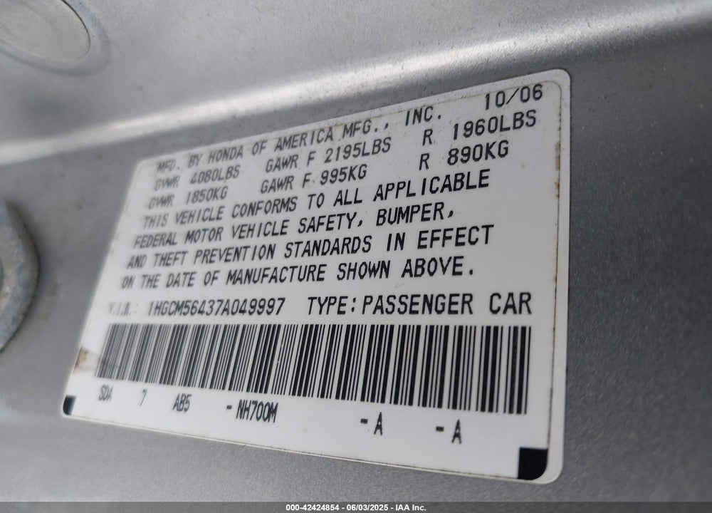 2007 HONDA ACCORD 2.4 LX VIN: 1HGCM56437A049997