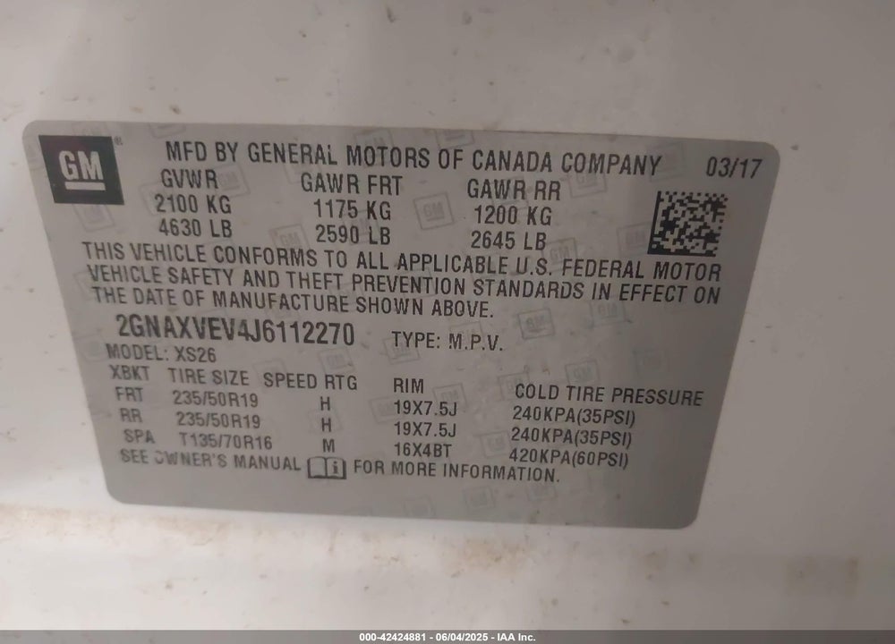 2018 CHEVROLET EQUINOX VIN: 2GNAXVEV4J6112270