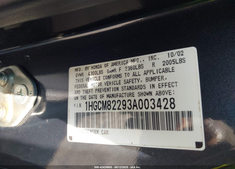 2003 HONDA ACCORD 3.0 LX VIN: 1HGCM82293A003428