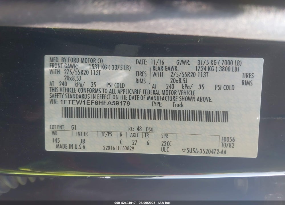 2017 FORD F-150 VIN: 1FTEW1EF6HFA59179