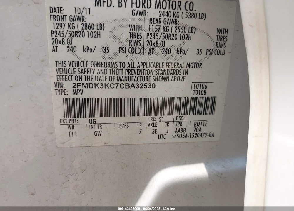 2012 FORD EDGE LIMITED VIN: 2FMDK3KC7CBA32530