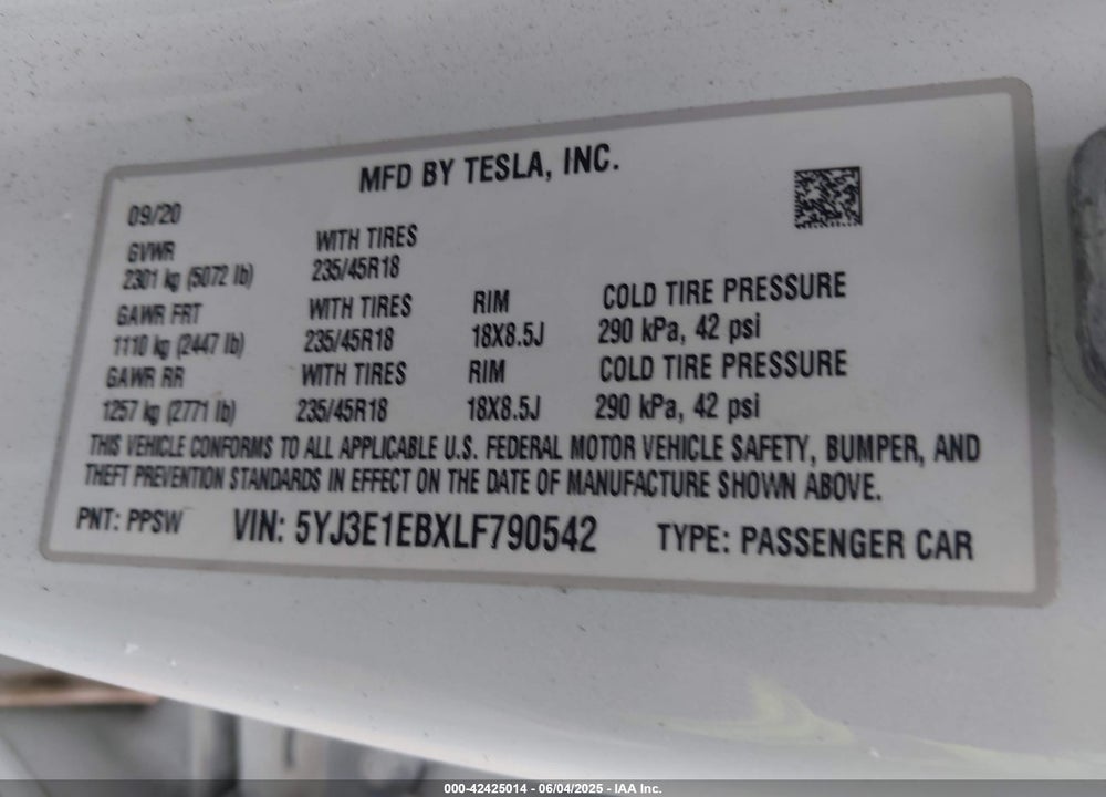 2020 TESLA MODEL 3 VIN: 5YJ3E1EBXLF790542