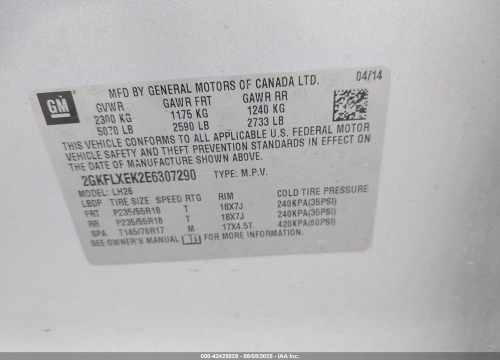 2014 GMC TERRAIN VIN: 2GKFLXEK2E6307290