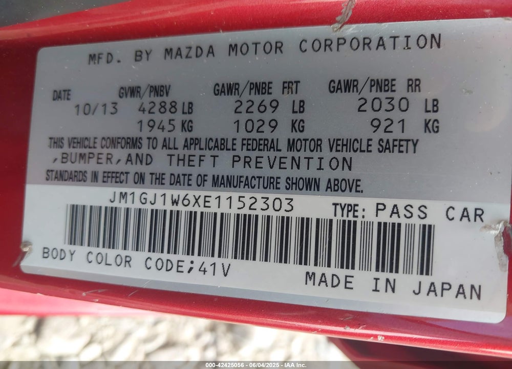 2014 MAZDA 6 VIN: JM1GJ1W6XE1152303