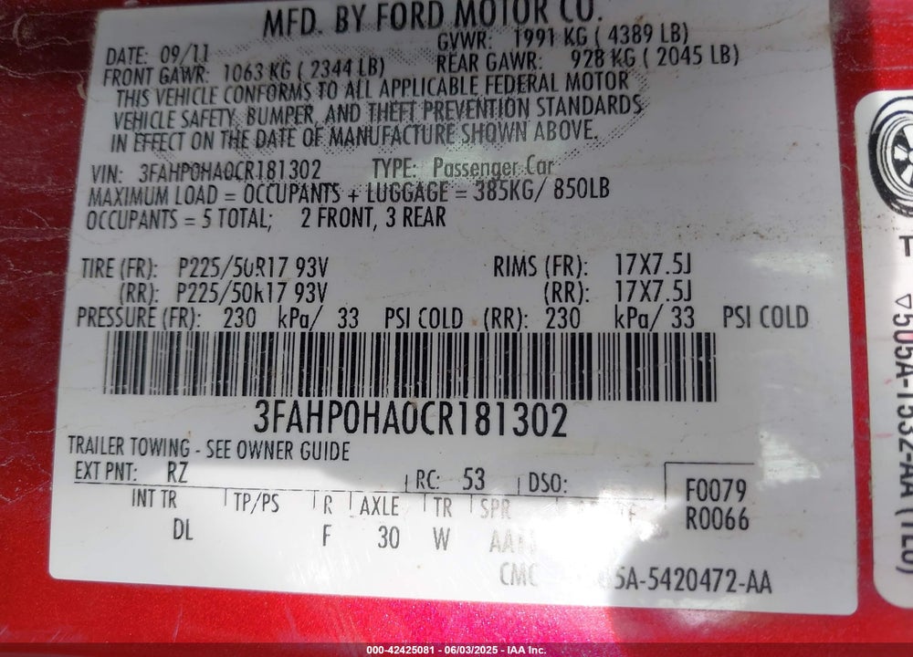 2012 FORD FUSION VIN: 3FAHP0HA0CR181302