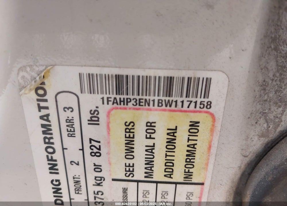 2011 FORD FOCUS S VIN: 1FAHP3EN1BW117158