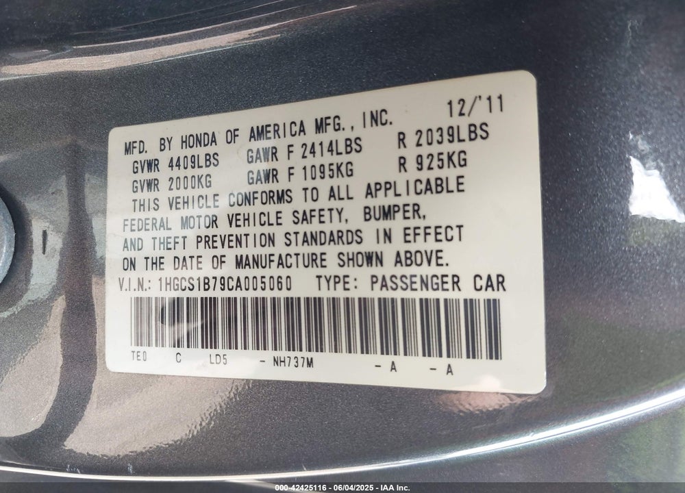 2012 HONDA ACCORD VIN: 1HGCS1B79CA005060