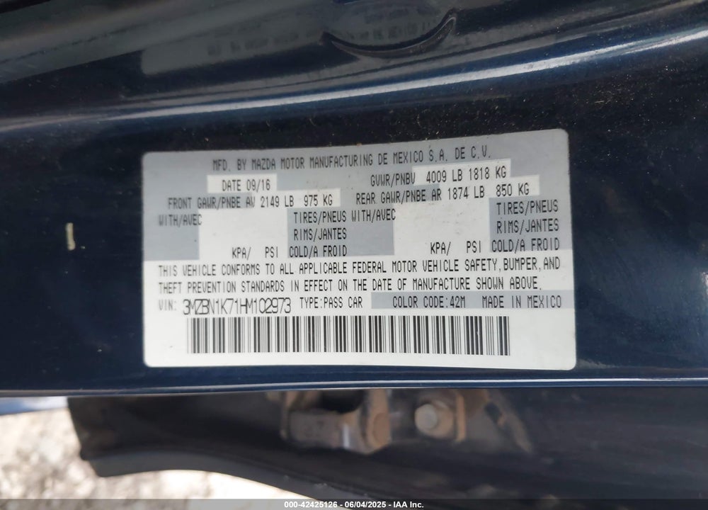 2017 MAZDA 3 SPORT VIN: 3MZBN1K71HM102973