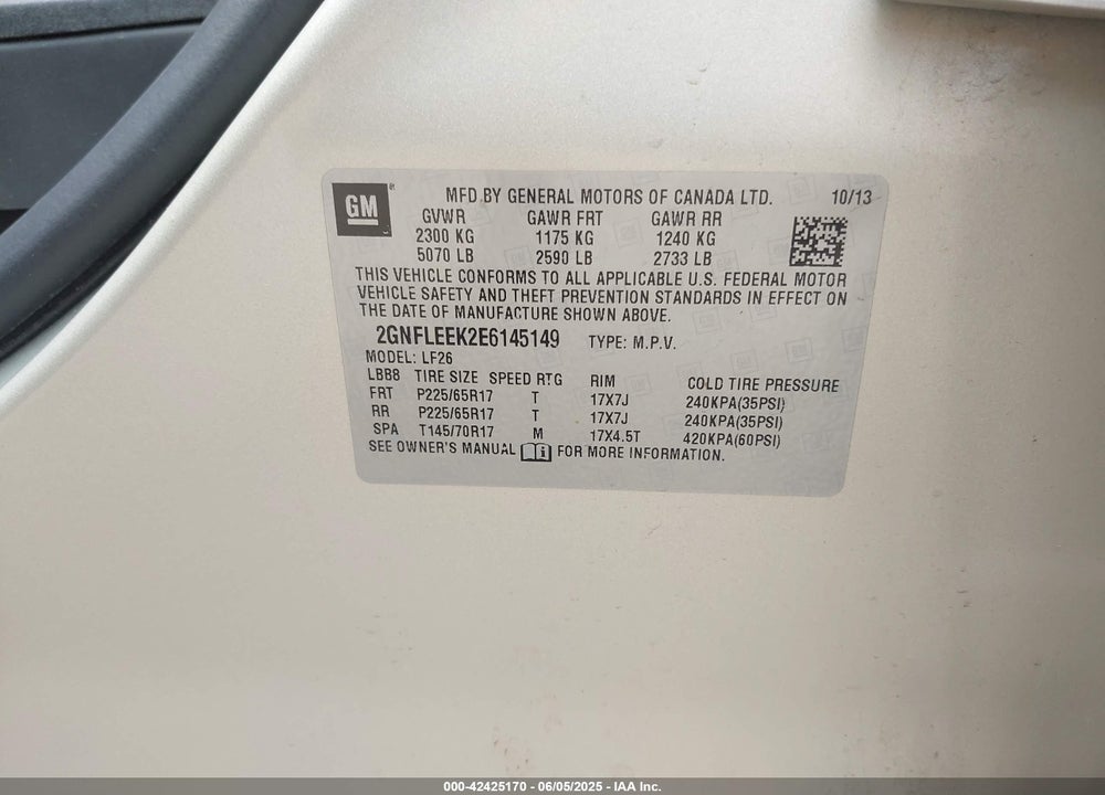 2014 CHEVROLET EQUINOX VIN: 2GNFLEEK2E6145149
