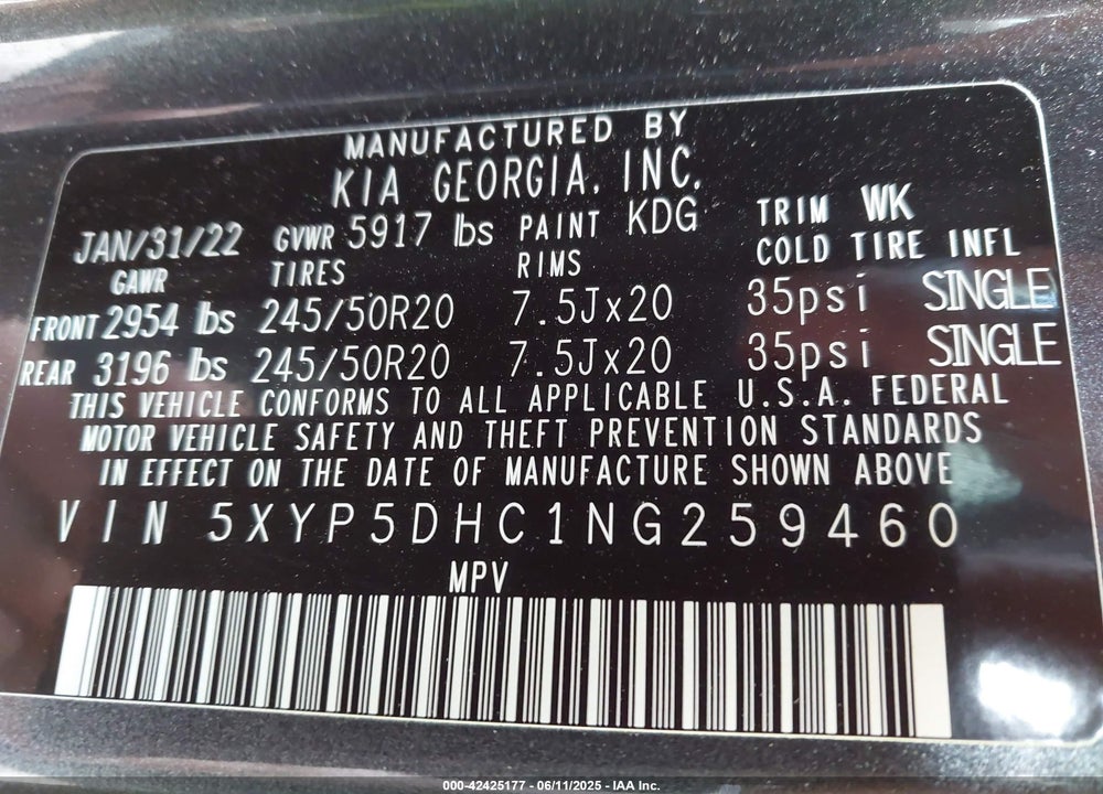 2022 KIA TELLURIDE VIN: 5XYP5DHC1NG259460