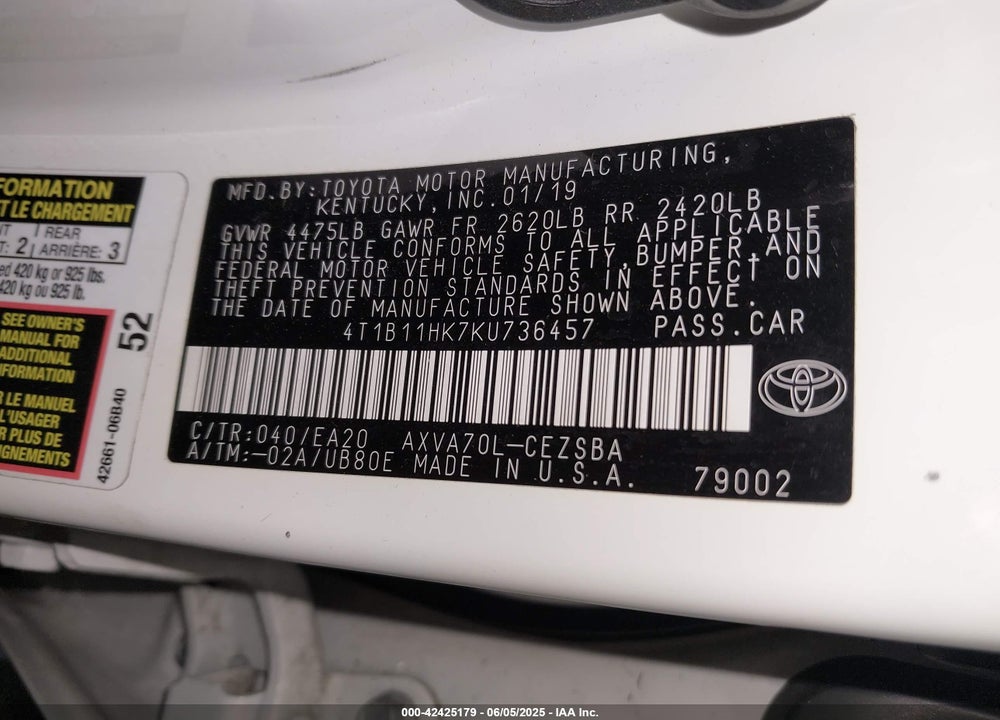 2019 TOYOTA CAMRY SE VIN: 4T1B11HK7KU736457