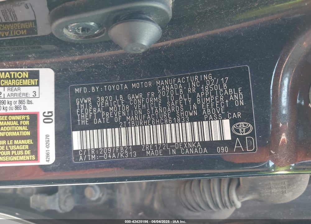 2017 TOYOTA COROLLA VIN: 2T1BURHE6HC861833