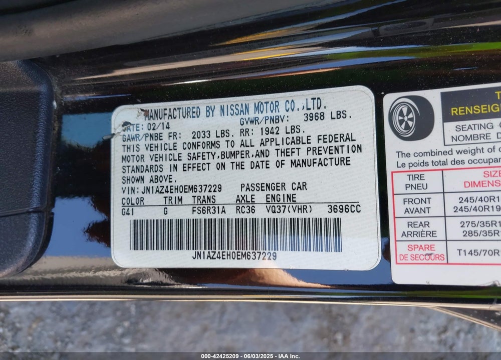 2014 NISSAN 370Z VIN: JN1AZ4EH0EM637229