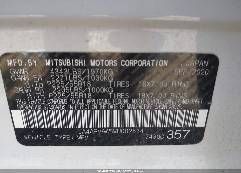2021 MITSUBISHI OUTLANDER SPORT VIN: JA4ARVAW8MU002534