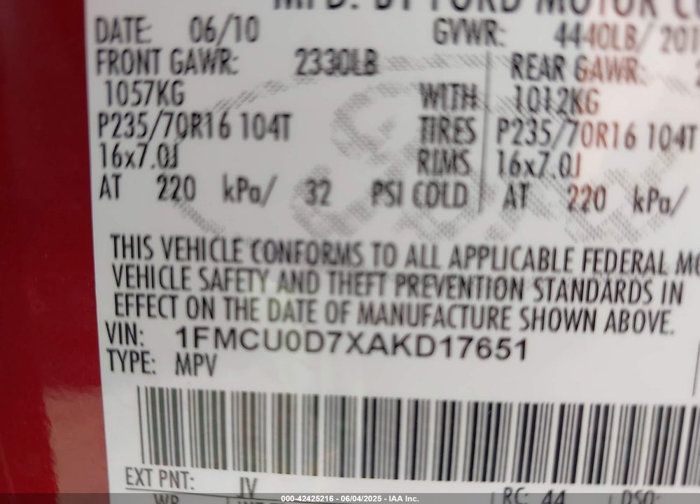 2010 FORD ESCAPE VIN: 1FMCU0D7XAKD17651