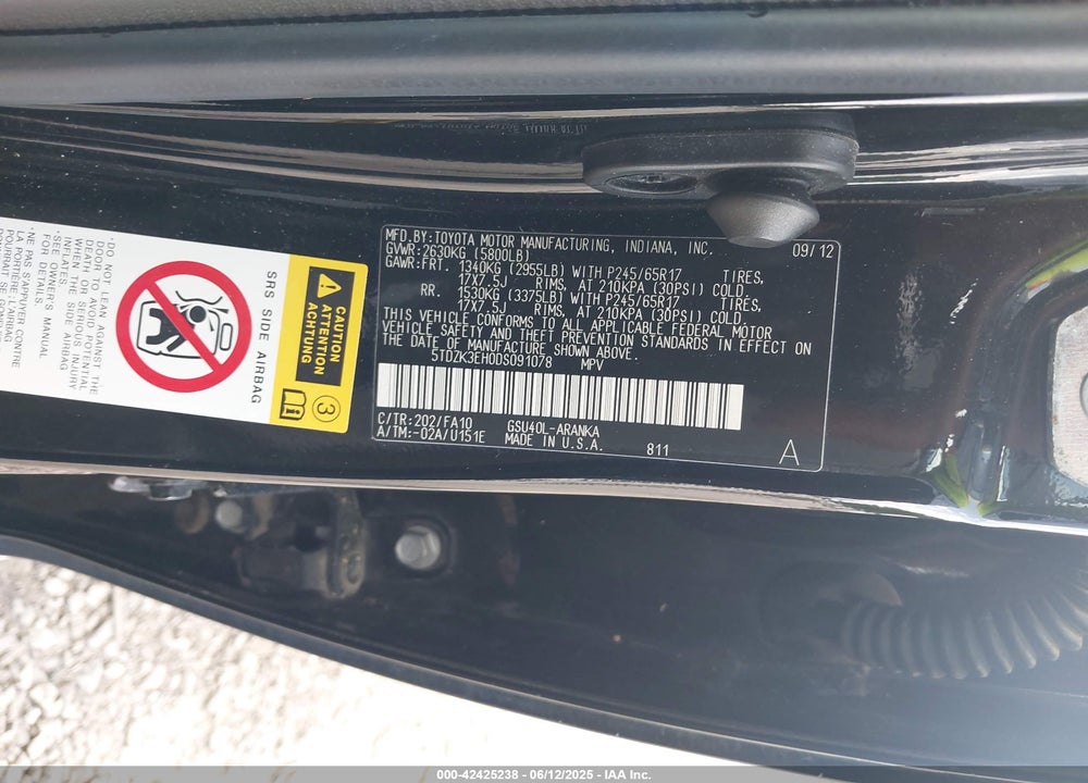 2013 TOYOTA HIGHLANDER VIN: 5TDZK3EH0DS091078