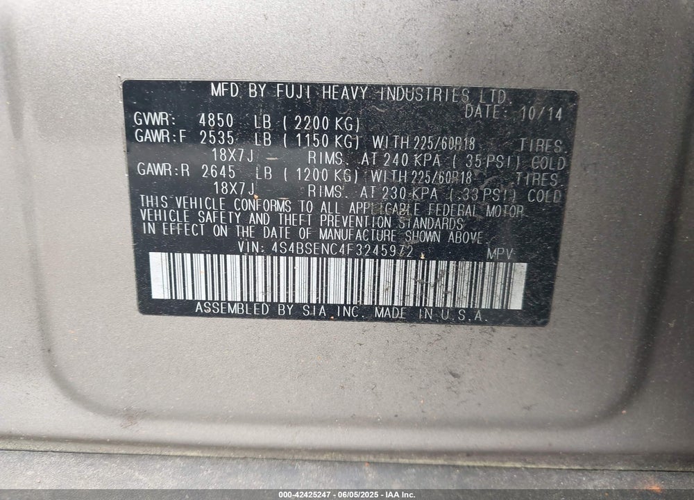 2015 SUBARU OUTBACK VIN: 4S4BSENC4F3245972