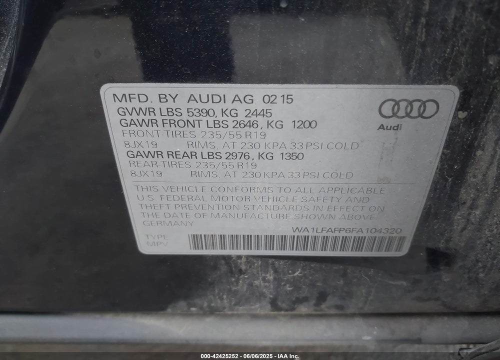 2015 AUDI Q5 2.0T PREMIUM VIN: WA1LFAFP6FA104320