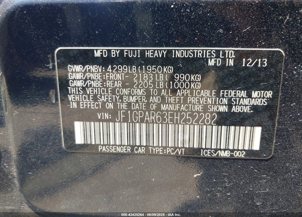 2014 SUBARU IMPREZA VIN: JF1GPAR63EH252282