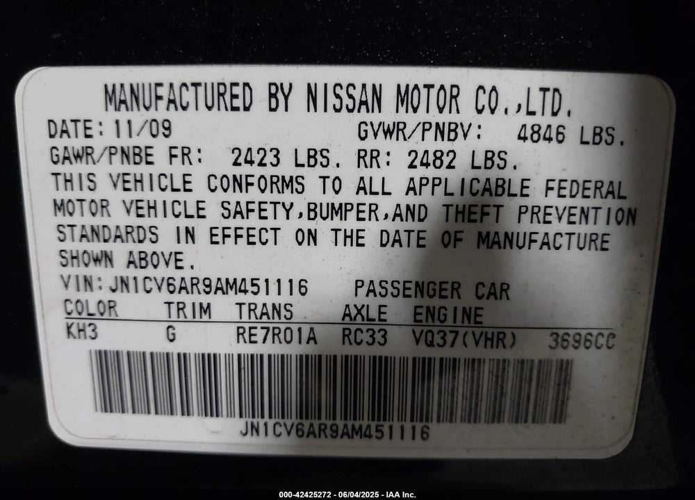 2010 INFINITI G37X VIN: JN1CV6AR9AM451116