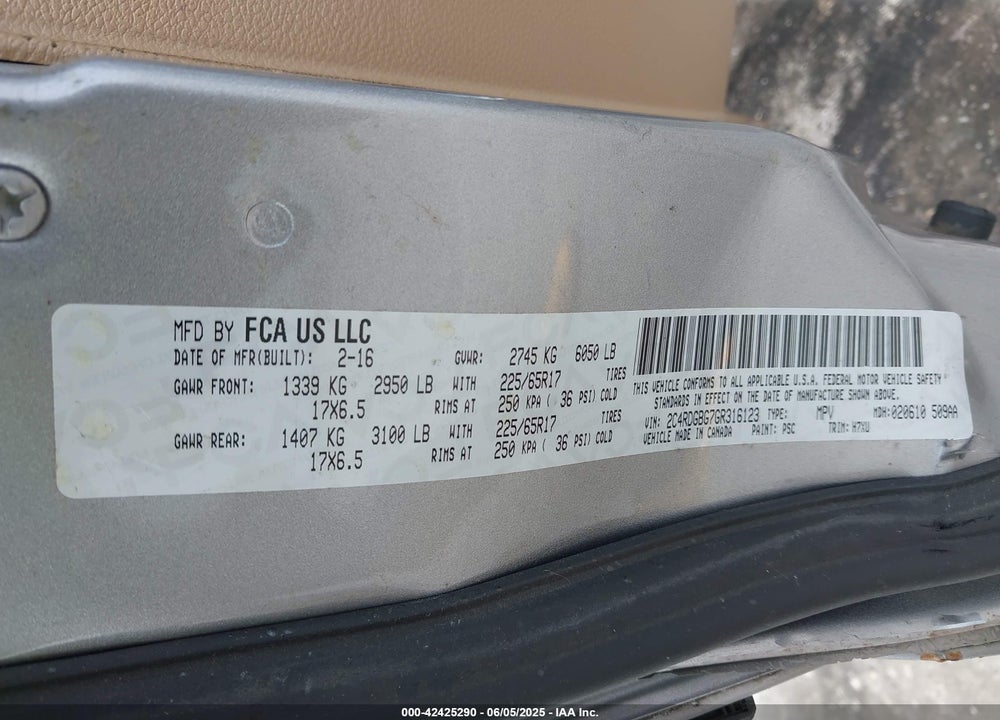 2016 DODGE GRAND CARAVAN AMERICAN VALUE PKG VIN: 2C4RDGBG7GR316123