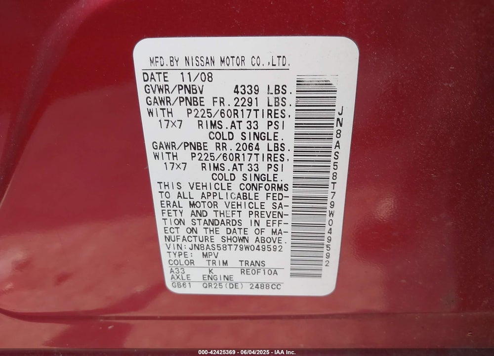 2009 NISSAN ROGUE VIN: JN8AS58T79W049592