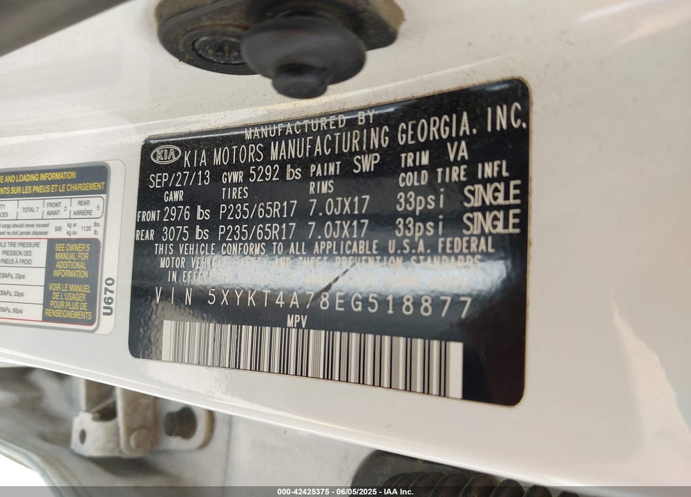 2014 KIA SORENTO VIN: 5XYKT4A78EG518877