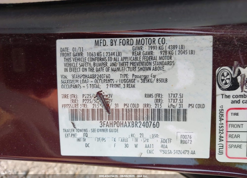 2011 FORD FUSION SE VIN: 3FAHP0HAXBR240760