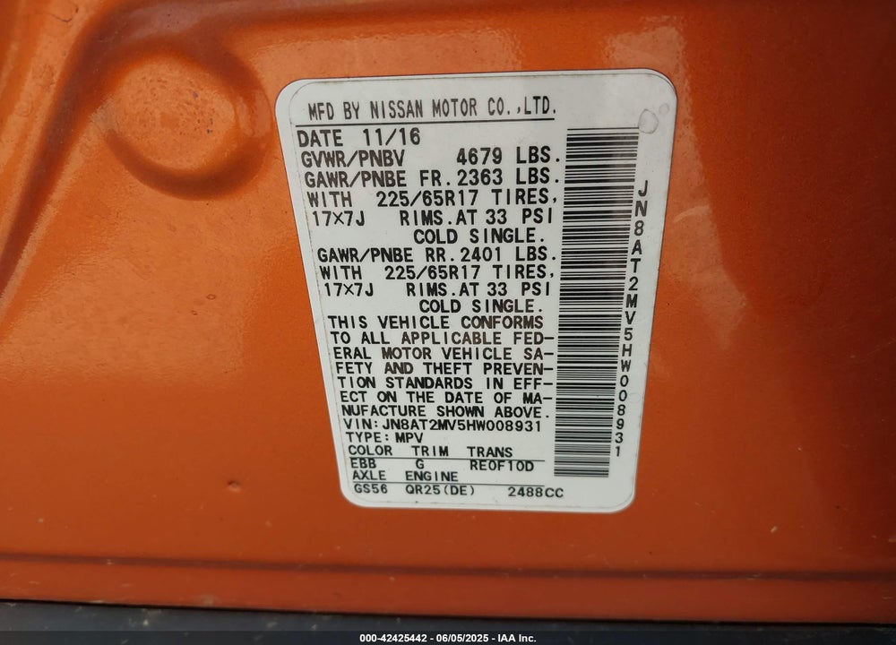 2017 NISSAN ROGUE VIN: JN8AT2MV5HW008931