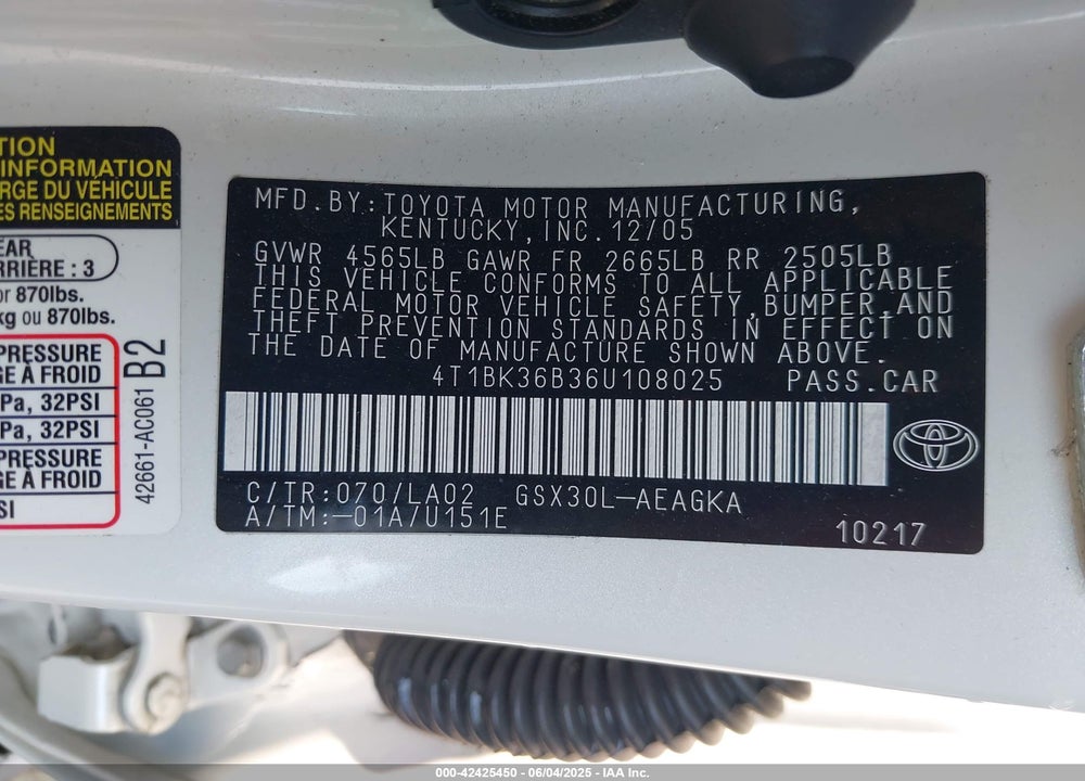2006 TOYOTA AVALON VIN: 4T1BK36B36U108025