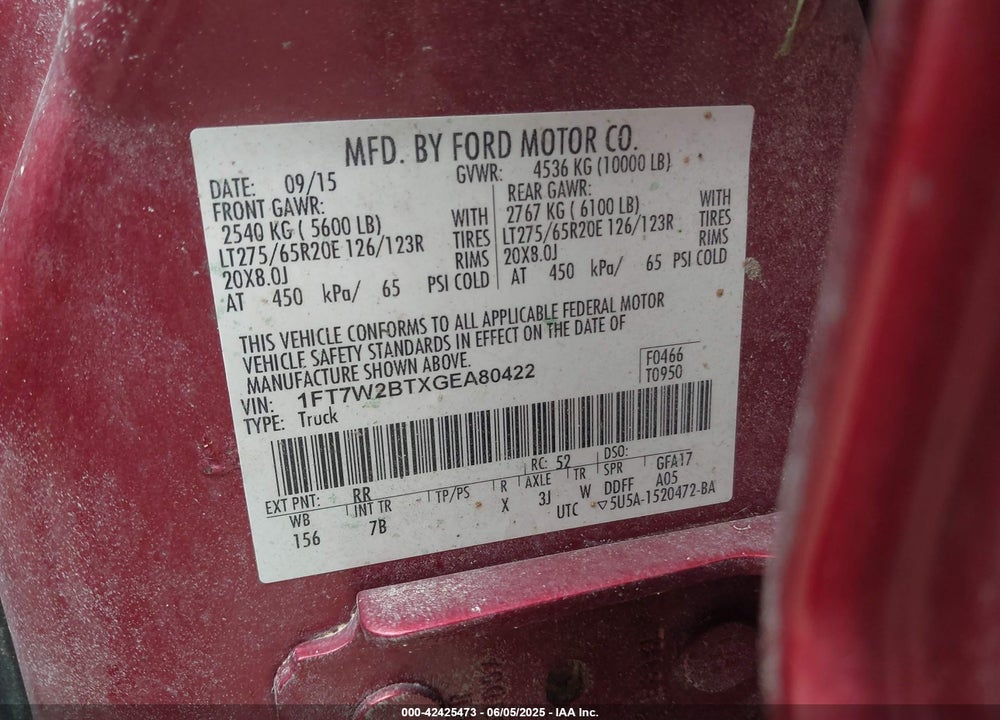 2016 FORD F-250 VIN: 1FT7W2BTXGEA80422