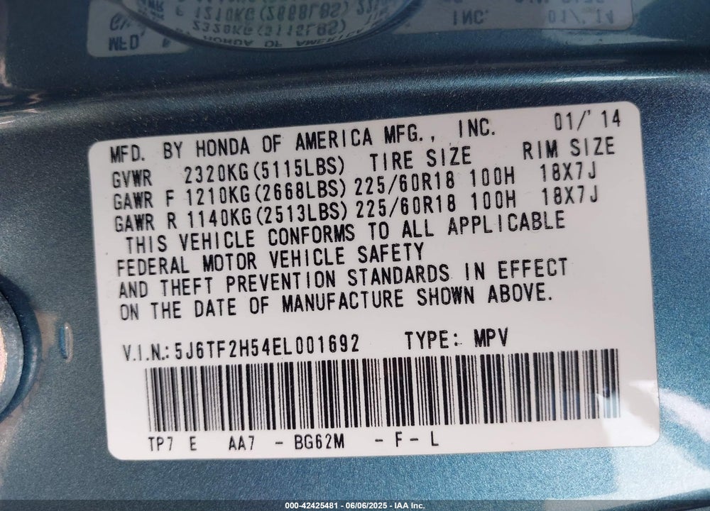 2014 HONDA CROSSTOUR VIN: 5J6TF2H54EL001692